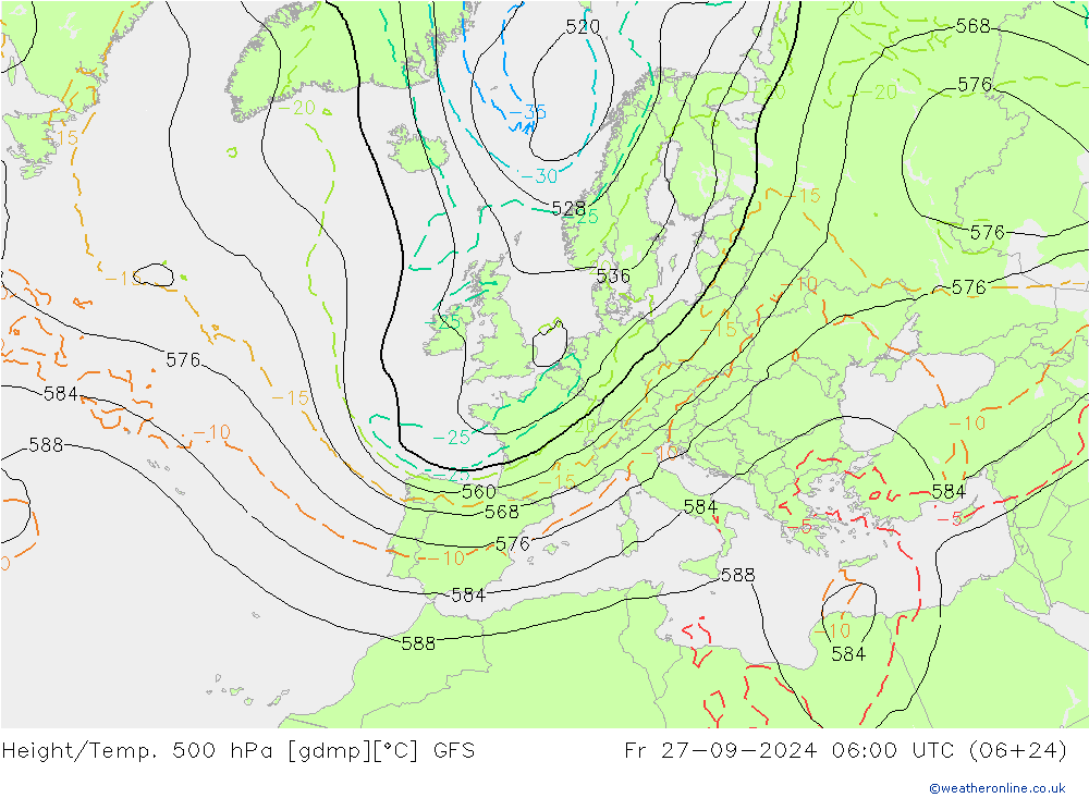 Z500/Rain (+SLP)/Z850 GFS ven 27.09.2024 06 UTC