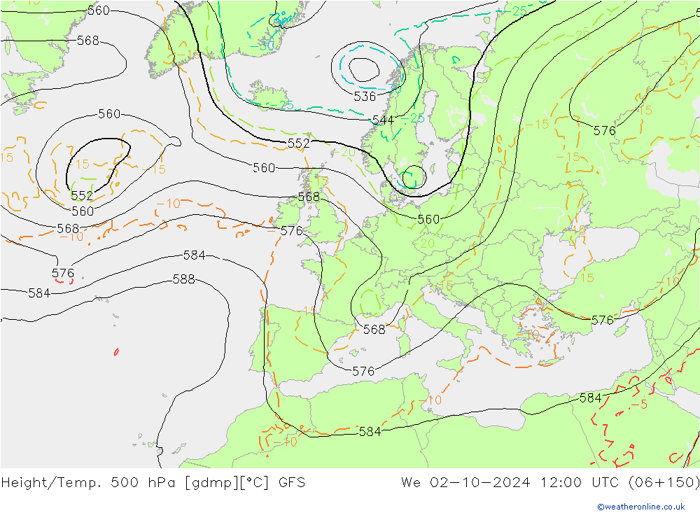 Z500/Rain (+SLP)/Z850 GFS mer 02.10.2024 12 UTC