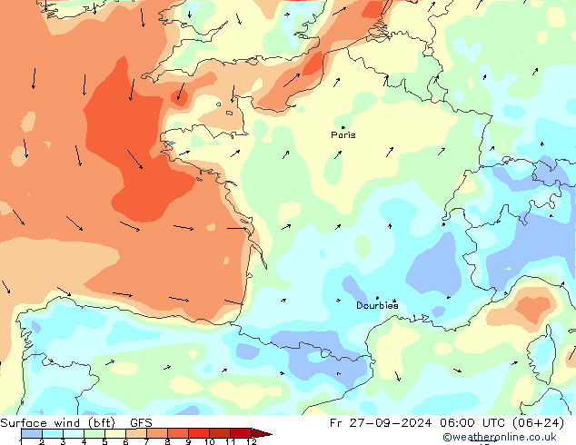  10 m (bft) GFS  27.09.2024 06 UTC