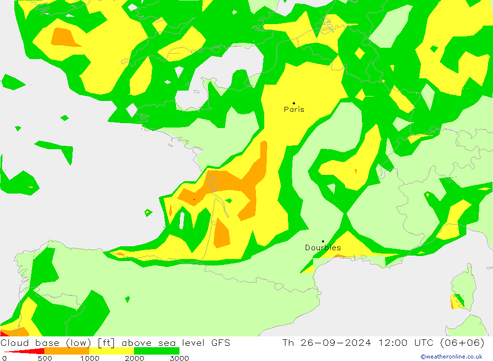 Cloud base (low) GFS jue 26.09.2024 12 UTC