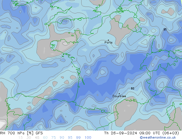 Humidité rel. 700 hPa GFS jeu 26.09.2024 09 UTC