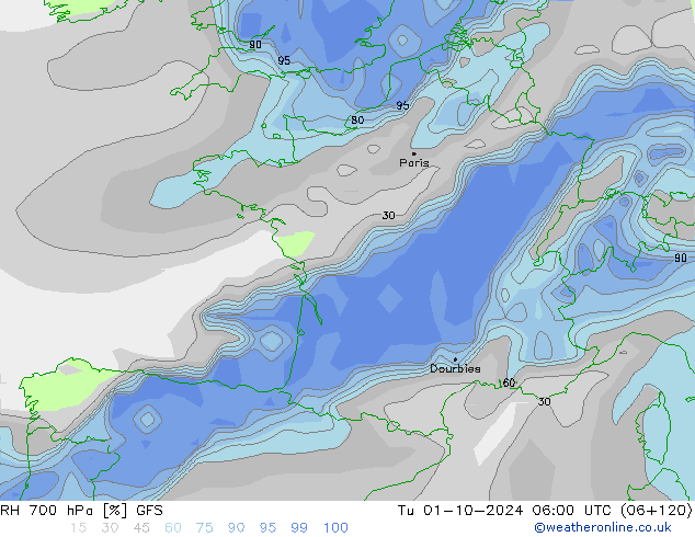 Humidité rel. 700 hPa GFS mar 01.10.2024 06 UTC