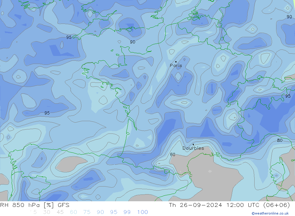 RH 850 гПа GFS чт 26.09.2024 12 UTC