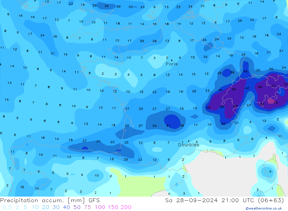 Precipitation accum. GFS Sa 28.09.2024 21 UTC