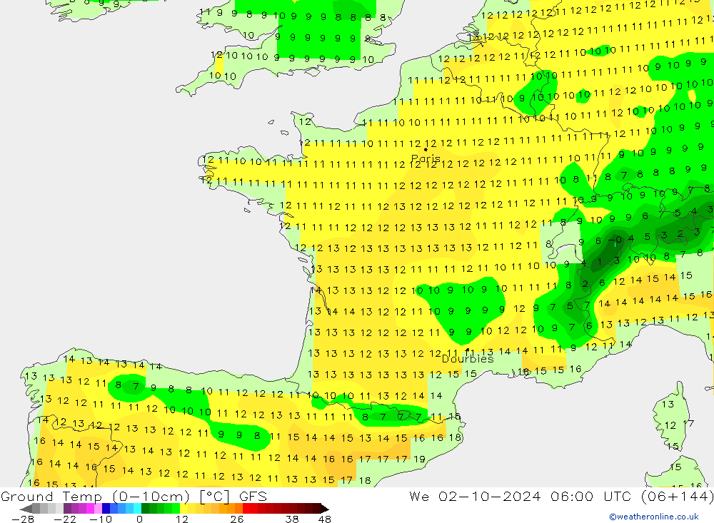 Temp (0-10cm) GFS mer 02.10.2024 06 UTC