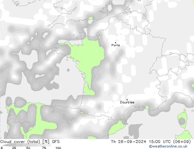 nuvens (total) GFS Qui 26.09.2024 15 UTC