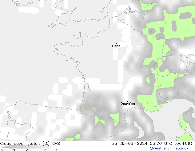 облака (сумма) GFS Вс 29.09.2024 03 UTC