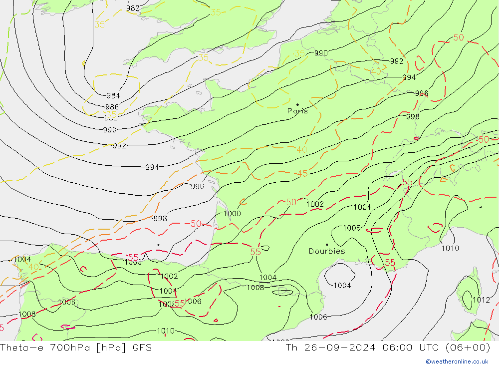 Theta-e 700hPa GFS Th 26.09.2024 06 UTC