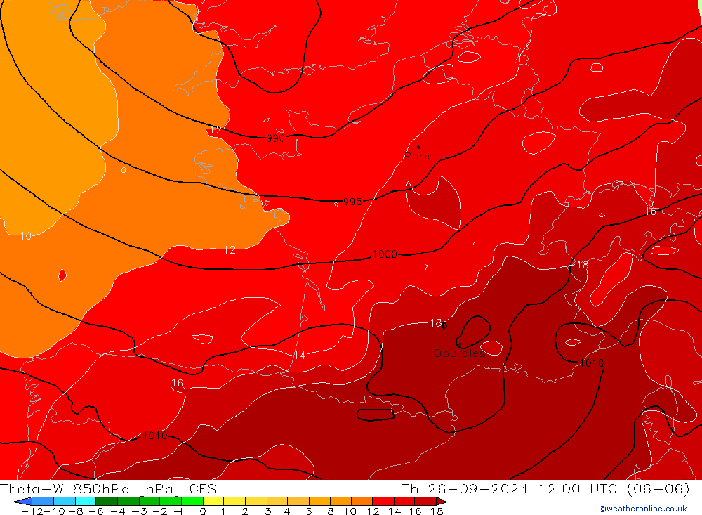 Theta-W 850hPa GFS jue 26.09.2024 12 UTC