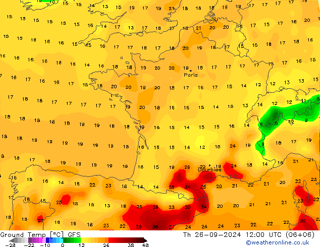 Temp. gruntu GFS czw. 26.09.2024 12 UTC