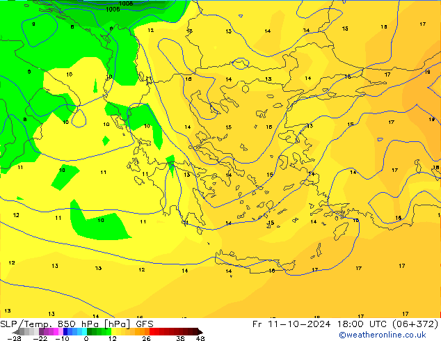 SLP/Temp. 850 hPa GFS vie 11.10.2024 18 UTC