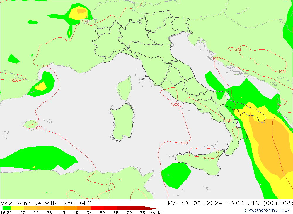 Max. wind velocity GFS  30.09.2024 18 UTC