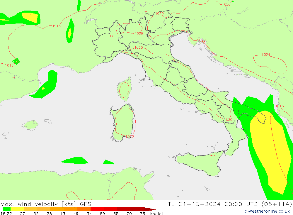 Max. wind velocity GFS Út 01.10.2024 00 UTC