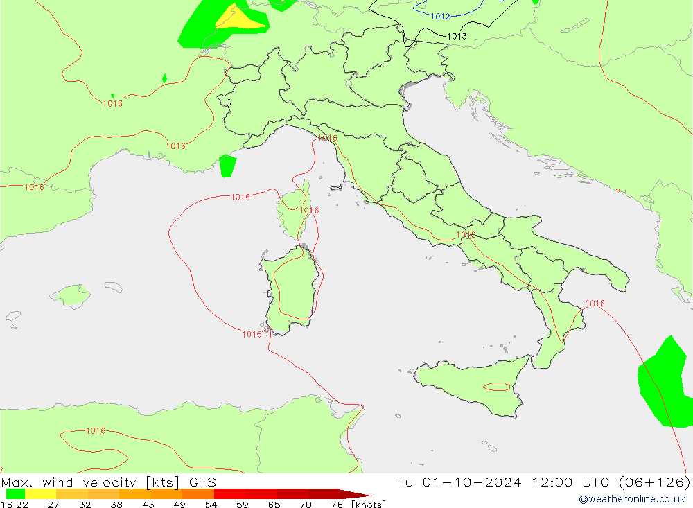 Max. wind snelheid GFS di 01.10.2024 12 UTC