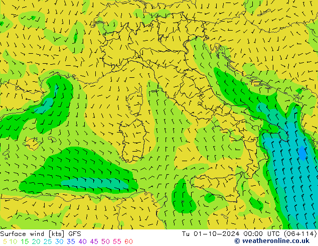 Vento 10 m GFS mar 01.10.2024 00 UTC