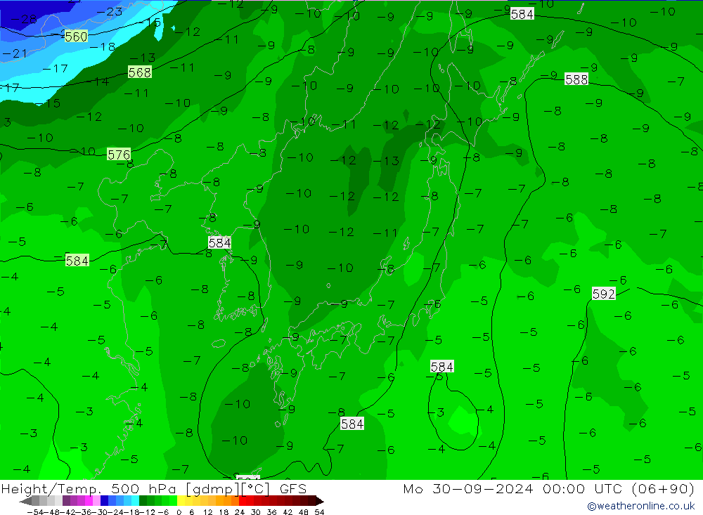 Height/Temp. 500 гПа GFS пн 30.09.2024 00 UTC