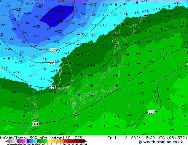 Z500/Rain (+SLP)/Z850 GFS Fr 11.10.2024 18 UTC