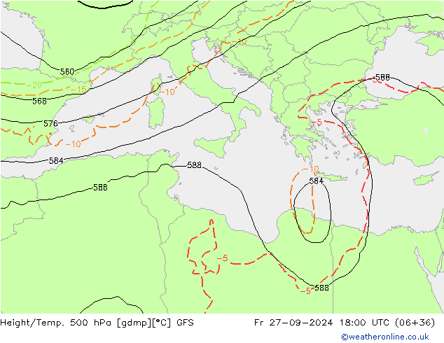 Z500/Rain (+SLP)/Z850 GFS ven 27.09.2024 18 UTC