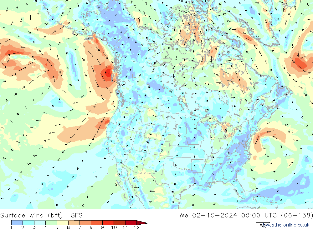 Surface wind (bft) GFS We 02.10.2024 00 UTC