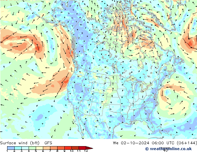 Vento 10 m (bft) GFS Qua 02.10.2024 06 UTC