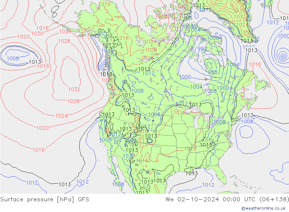 Presión superficial GFS mié 02.10.2024 00 UTC