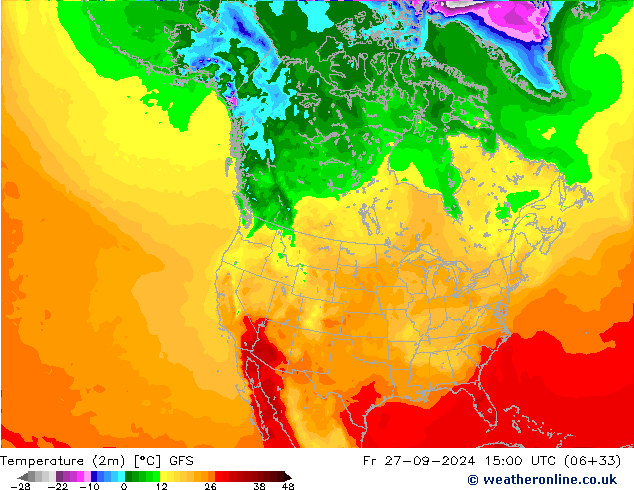 Temperatuurkaart (2m) GFS vr 27.09.2024 15 UTC