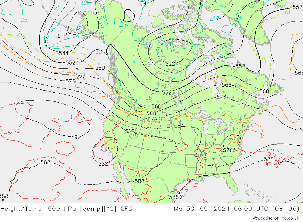 Z500/Rain (+SLP)/Z850 GFS lun 30.09.2024 06 UTC