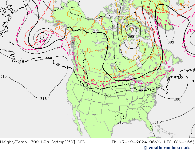 Height/Temp. 700 hPa GFS Qui 03.10.2024 06 UTC