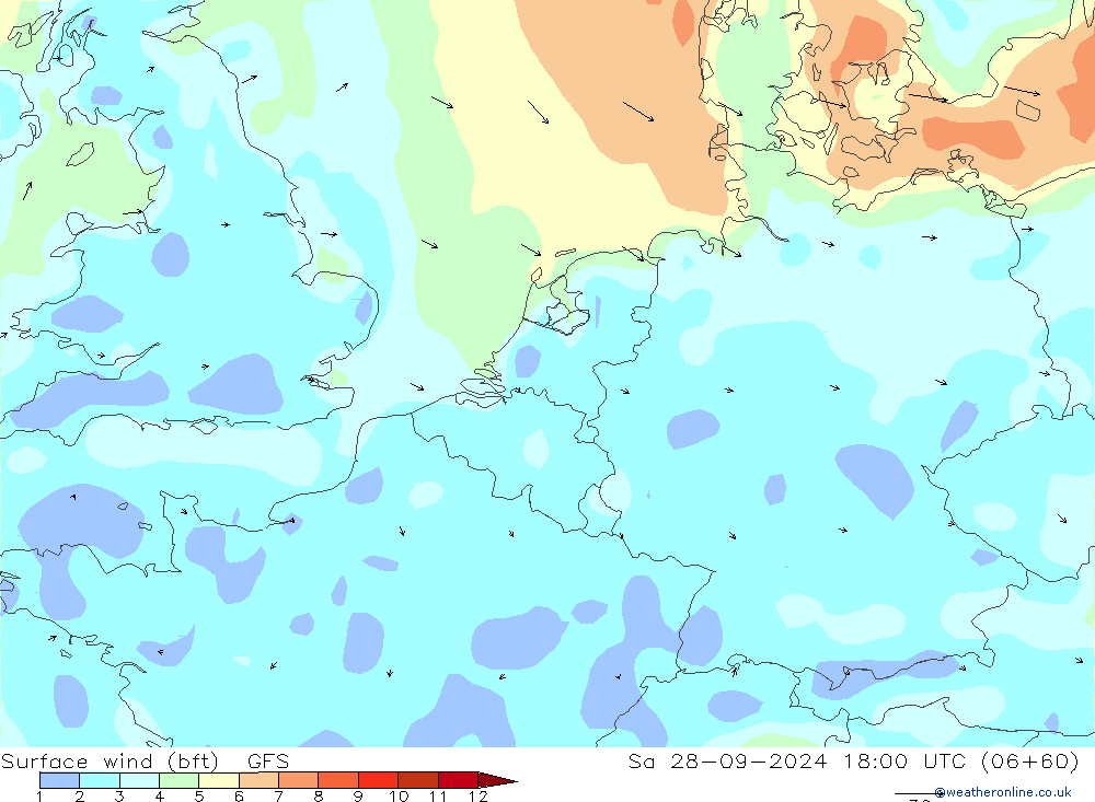 wiatr 10 m (bft) GFS so. 28.09.2024 18 UTC