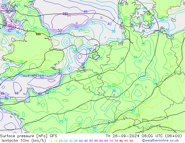 Isotaca (kph) GFS jue 26.09.2024 06 UTC