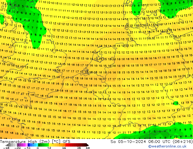 Temp. massima (2m) GFS sab 05.10.2024 06 UTC