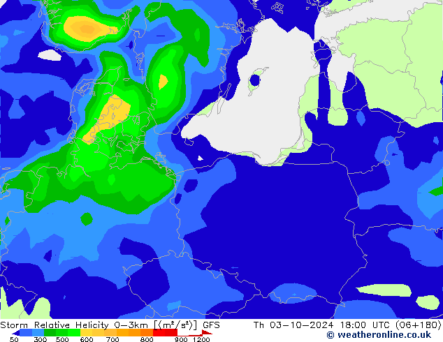 Storm Relative Helicity GFS Th 03.10.2024 18 UTC