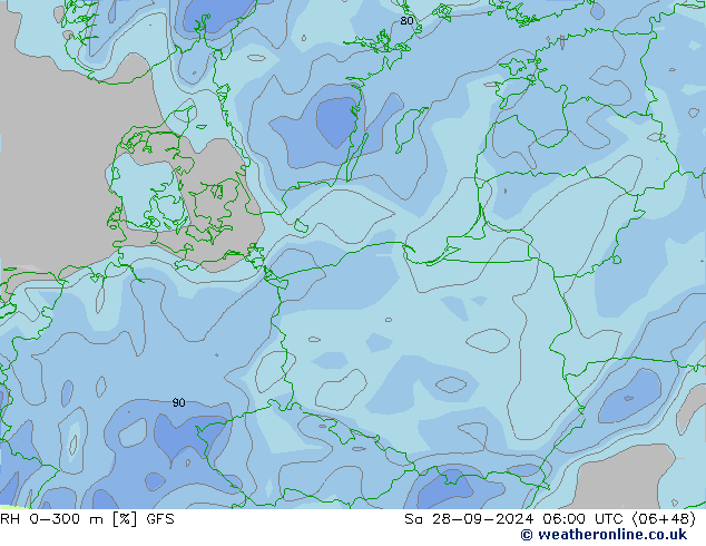 RH 0-300 m GFS сб 28.09.2024 06 UTC