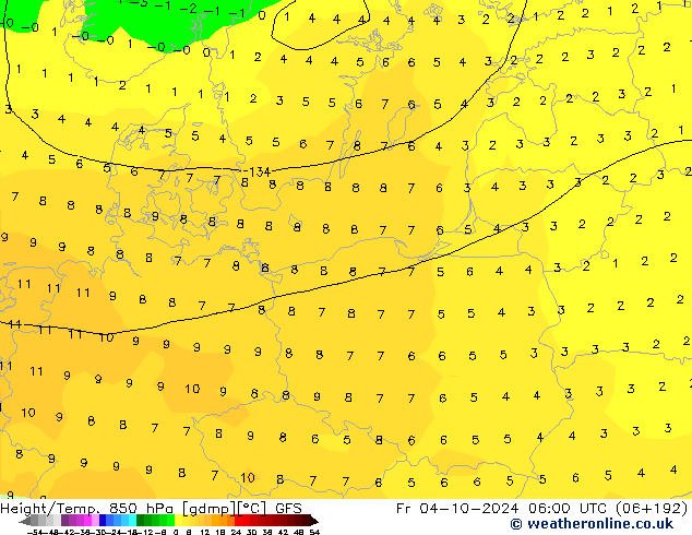 Geop./Temp. 850 hPa GFS vie 04.10.2024 06 UTC