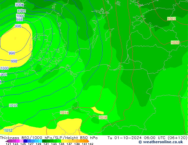 Thck 850-1000 hPa GFS Ter 01.10.2024 06 UTC