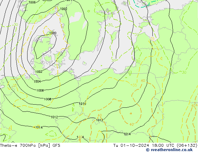 Theta-e 700hPa GFS Tu 01.10.2024 18 UTC