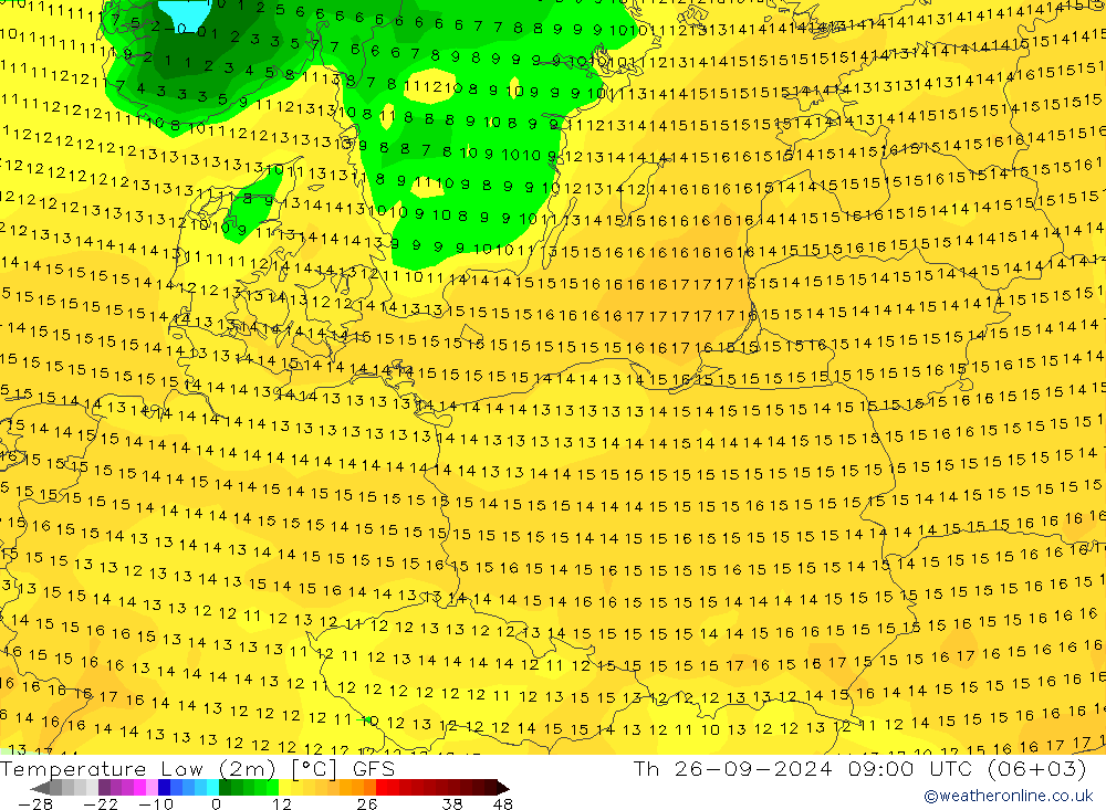 Temperatura mín. (2m) GFS jue 26.09.2024 09 UTC