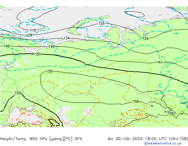 Height/Temp. 850 hPa GFS pon. 30.09.2024 18 UTC