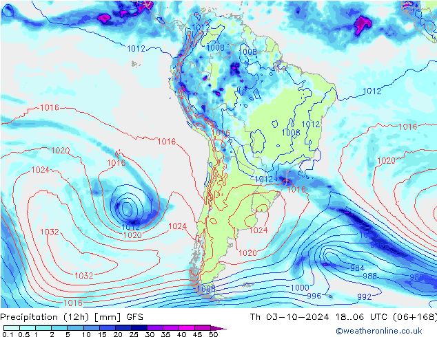 Précipitation (12h) GFS jeu 03.10.2024 06 UTC