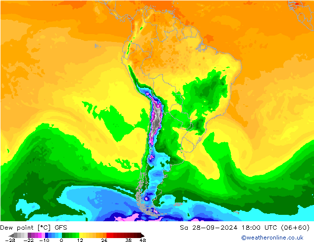 Point de rosée GFS sam 28.09.2024 18 UTC