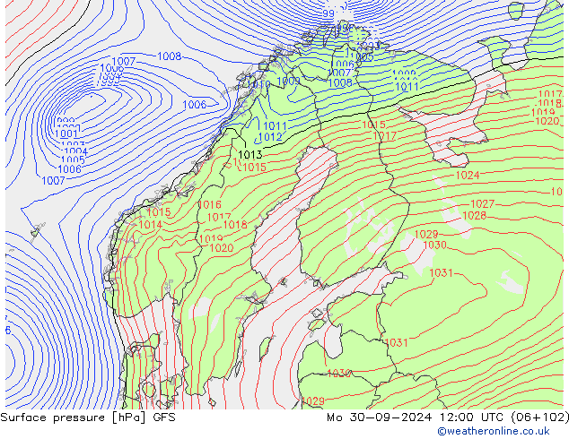 Surface pressure GFS Mo 30.09.2024 12 UTC