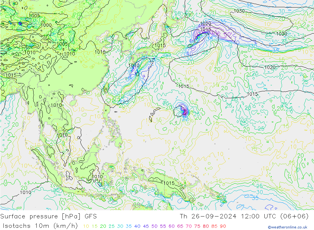 Isotachs (kph) GFS jeu 26.09.2024 12 UTC