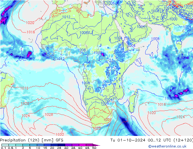 Precipitation (12h) GFS Út 01.10.2024 12 UTC