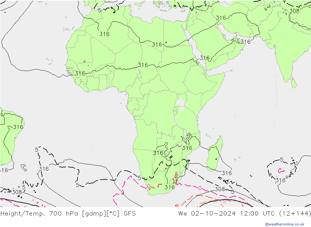 Yükseklik/Sıc. 700 hPa GFS Çar 02.10.2024 12 UTC