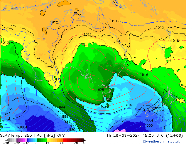 SLP/Temp. 850 hPa GFS czw. 26.09.2024 18 UTC