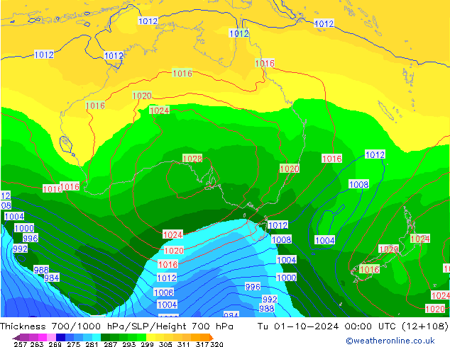 Thck 700-1000 hPa GFS Tu 01.10.2024 00 UTC