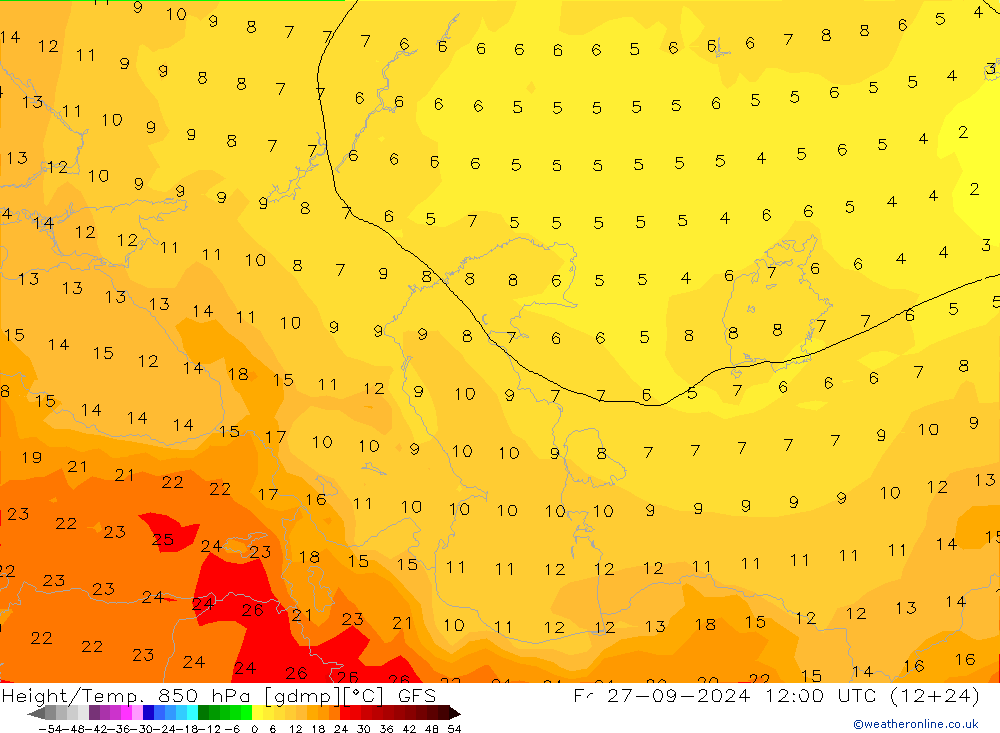 Height/Temp. 850 hPa GFS pt. 27.09.2024 12 UTC