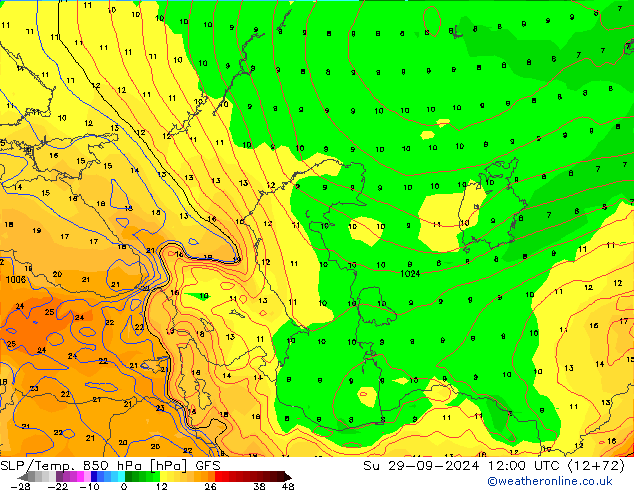 850 hPa Yer Bas./Sıc GFS Paz 29.09.2024 12 UTC