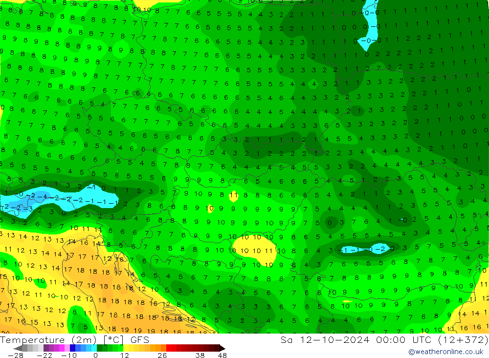 Temperatura (2m) GFS sab 12.10.2024 00 UTC