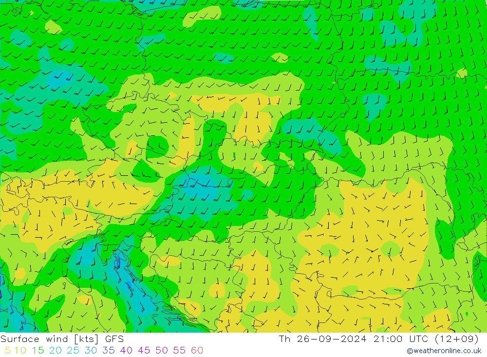 wiatr 10 m GFS czw. 26.09.2024 21 UTC